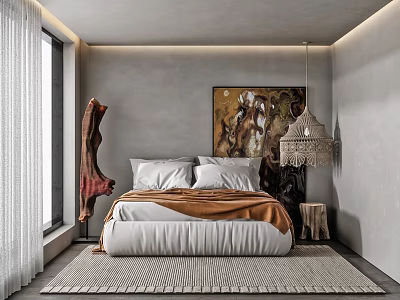 Bedroom With Gray Walls Large Window White Curtains Bed Painting Chandelier White Pillows Brown Blanket 3d model