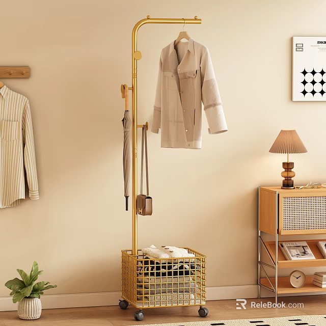 Gold Floor Standing Coat Rack with Beige Coat Hanging Storage Basket Table Lamp and Calendar 3d model 