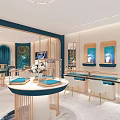 Jewelry Store Interior With Blue Display Cases Golden Frames White Chairs And Mirrors