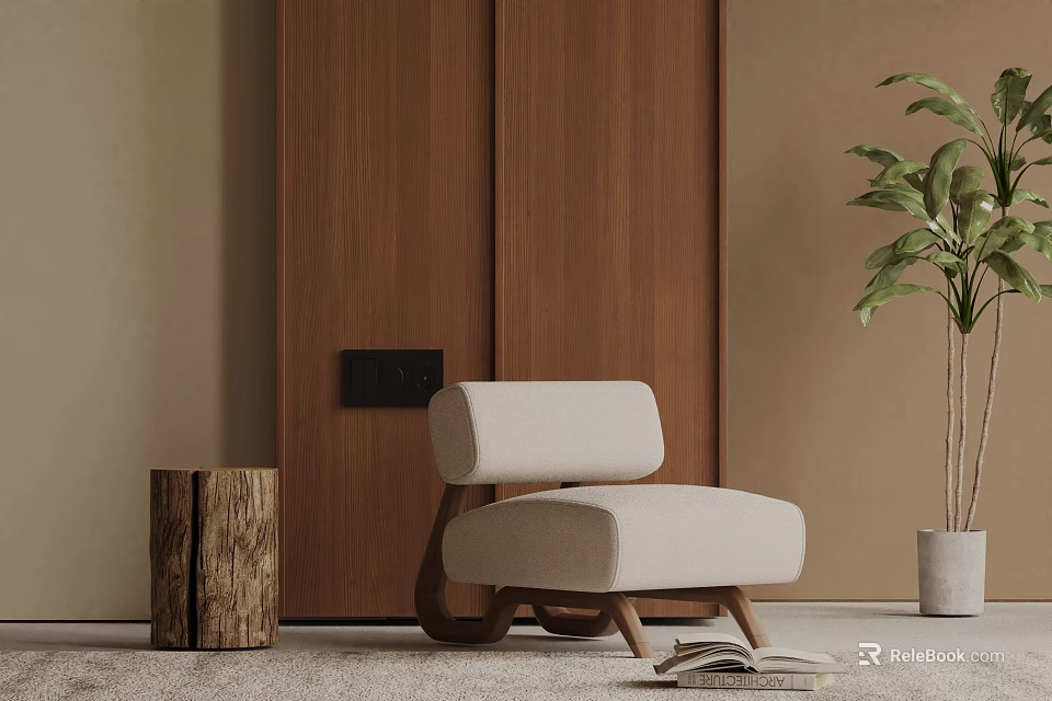Cozy Beige Leisure Chair With Wooden Frame Green Plant And Carpet In Modern Living Space 3d model 