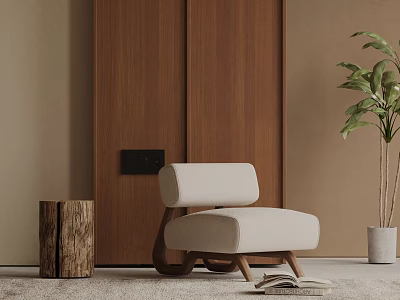 Cozy Beige Leisure Chair With Wooden Frame Green Plant And Carpet In Modern Living Space 3d model