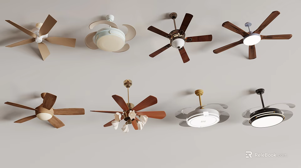 Various Ceiling Fan Light Fixtures with Modern Designs Wooden Metal Blades and Colors 3d model 