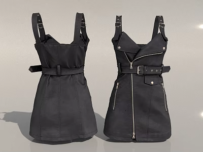 Stylish Black Sleeveless Dresses With Belted Waist Zipper Front And Functional Pockets 3d model