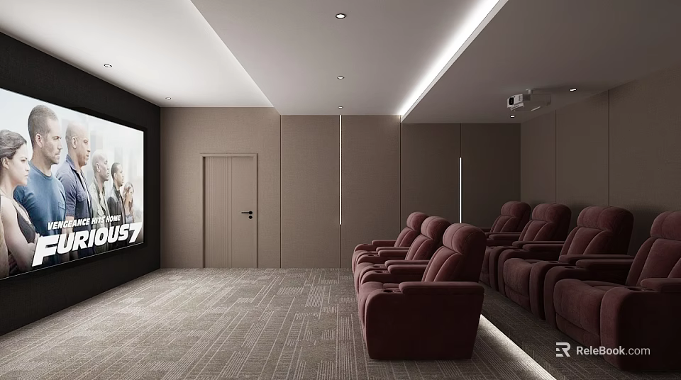 Modern Home Theater Interior With Large Screen Red Leather Recliners And Ambient Lighting 3d model 