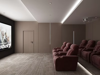 Modern Home Theater Interior With Large Screen Red Leather Recliners And Ambient Lighting 3d model