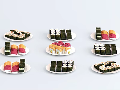 Assorted Sushi Platter with Green Nori Rolls Pink and Orange Varieties on White Plates 3d model