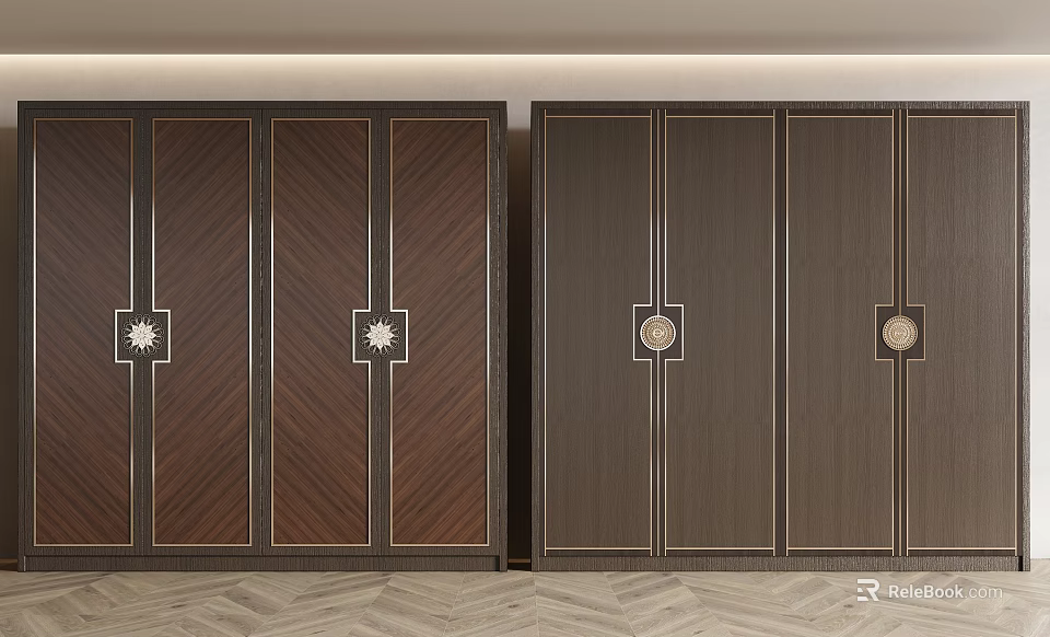 Elegant Dark Wood Wardrobe With Vertical Stripe Design And Ornamental Metal Accents 3d model 
