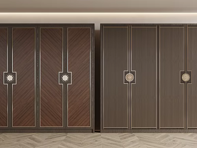 Elegant Dark Wood Wardrobe With Vertical Stripe Design And Ornamental Metal Accents 3d model
