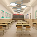 School Classroom Interior With Neat Desks Chairs Blackboard Educational Posters And Bright Lighting