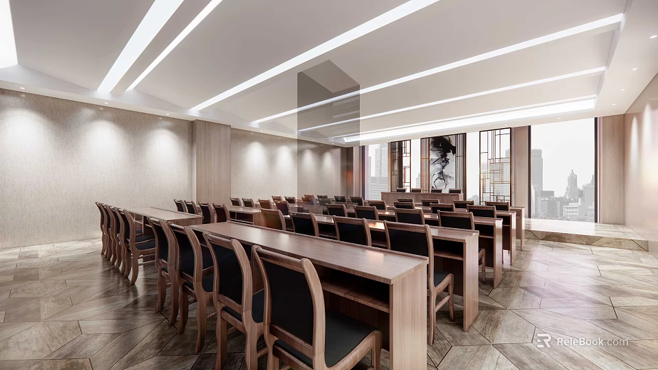 Modern Conference Room Interior With Long Tables Chairs Overhead Lighting And City View Windows 3d model 
