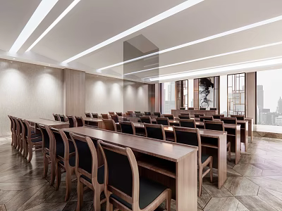 Modern Conference Room Interior With Long Tables Chairs Overhead Lighting And City View Windows 3d model