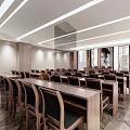 Modern Conference Room Interior With Long Tables Chairs Overhead Lighting And City View Windows