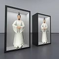 Two Traditional Hanfu Statues In Black Display Cases With Illuminated Photo Check In Spot