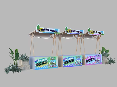 Multiple Fruit Stalls With Shade Canopies Colorful Signs And Green Plants 3d model