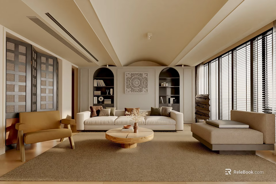 Modern Living Room Interior With Beige Sofa Armchair Round Coffee Table Bookshelves And Decorative Painting 3d model 