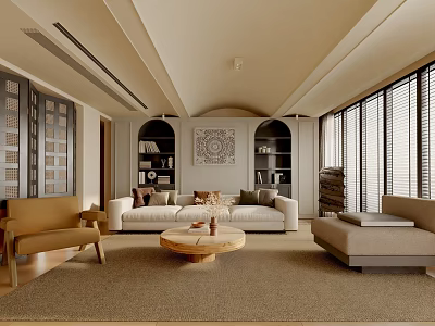Modern Living Room Interior With Beige Sofa Armchair Round Coffee Table Bookshelves And Decorative Painting 3d model
