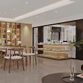 Modern Lounge Area Interior With Round Tables Stools Pendant Lights Green Plants And Decorative Shelves