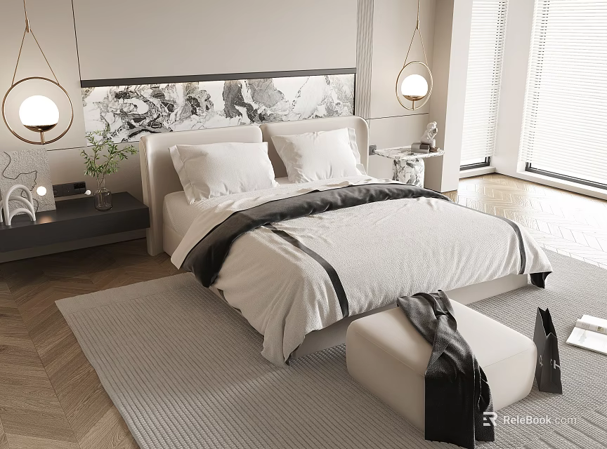 Modern Minimalist Double Bed Bedroom Interior With White Bedspread Black Accent Strips And Pendant Lamps 3d model 