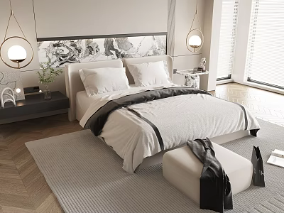 Modern Minimalist Double Bed Bedroom Interior With White Bedspread Black Accent Strips And Pendant Lamps 3d model