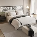 Modern Minimalist Double Bed Bedroom Interior With White Bedspread Black Accent Strips And Pendant Lamps