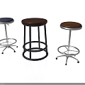Three Stylish Bar Stools With Leather Seats And Metal Legs In Blue Brown Colors