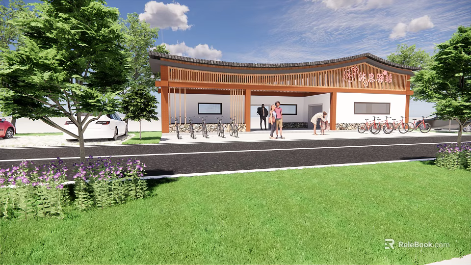 Traditional Chinese Style Hua Gang Post Station With Green Plants Bicycles And People On Lawn 3d model 