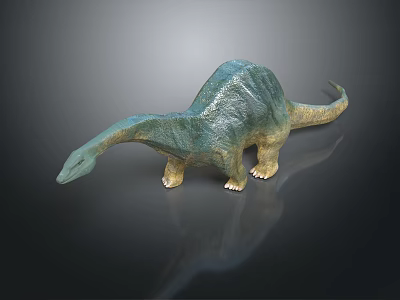 Dinosaur Model with Long Neck Blue Green Yellow Textured Skin on Dark Background and Reflection 3d model