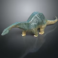 Dinosaur Model with Long Neck Blue Green Yellow Textured Skin on Dark Background and Reflection