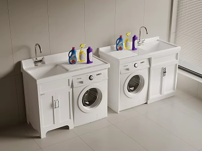 White Laundry Cabinet With Washing Machine Sink And Cleaning Products 3d model