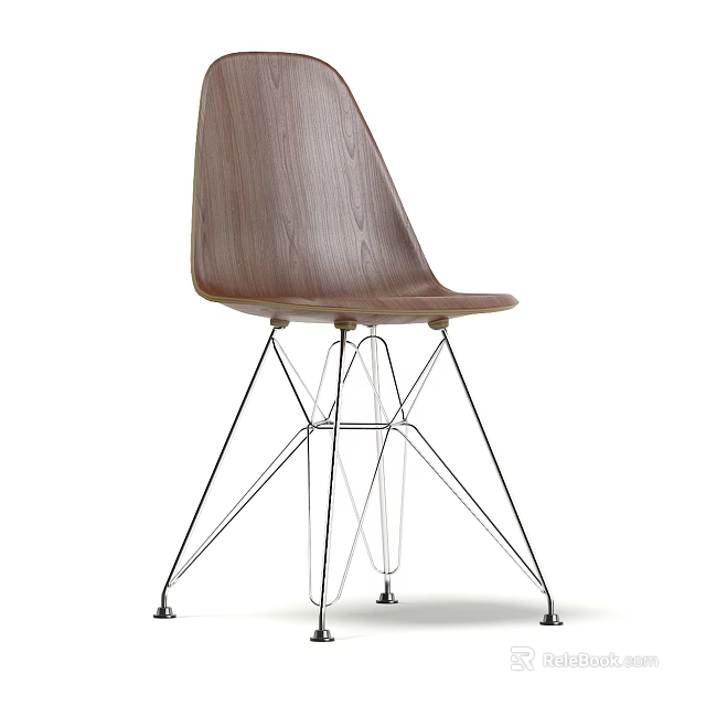 Stylish Leisure Chair Featuring Wooden Backrest And Metal Wire Frame Design 3d model 