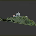 Garden Landscape Featuring Green Grass Trees Path Rocky Hill And Ancient Red Roof Building