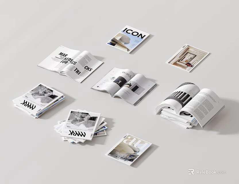 Open Books And Stacked Magazines With Black White Photos And ICON Text Pages 3d model 