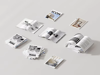 Open Books And Stacked Magazines With Black White Photos And ICON Text Pages 3d model