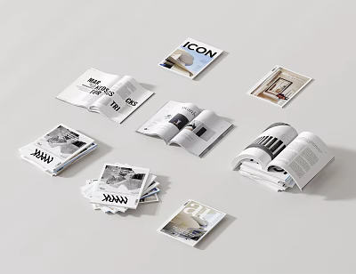 Open Books And Stacked Magazines With Black White Photos And ICON Text Pages 3d model
