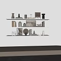 Modern Decorative Ornament Collection Display On Shelves With Books Frames And Sculptures