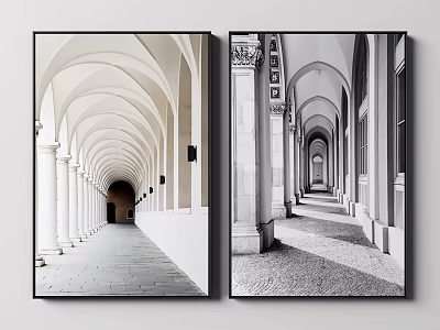 Two Black And White Arched Corridor Wall Art With Columns And Stone Floor 3d model
