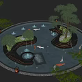 Circular Water Fountain with Koi Fish Trees Curved Pathways and Illuminated Lights in Garden
