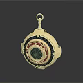 Golden Circular Pendant With Black Center Red Decorations And Metallic Frame As Daily Life Accessory