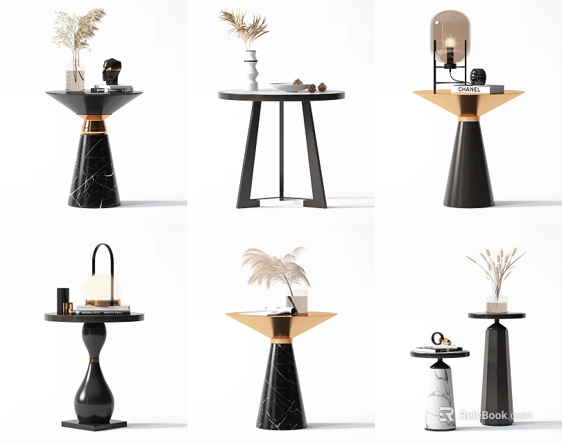 Modern Round Side Tables With Black Gold Marble Bases And Decorative Plants 3d model 