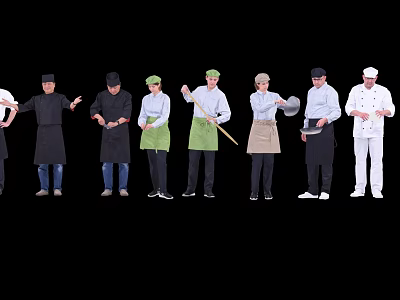 Group of Chefs in Different Uniforms Holding Cooking Tools and Standing Together 3d model