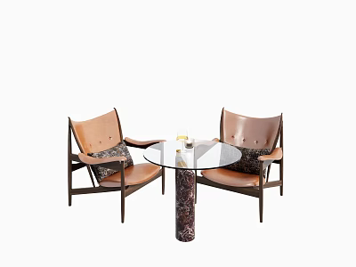 Modern Table Chair Set With Leather Seats Decorative Cushions Round Glass Top And Marble Base 3d model