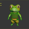 Anthropomorphic Cartoon Frog Character In Green Outfit And Orange Pants With Large Eyes