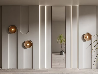 Modern White Decorative Wall Paneling With Recessed Lights Tall Mirror And Potted Plant 3d model