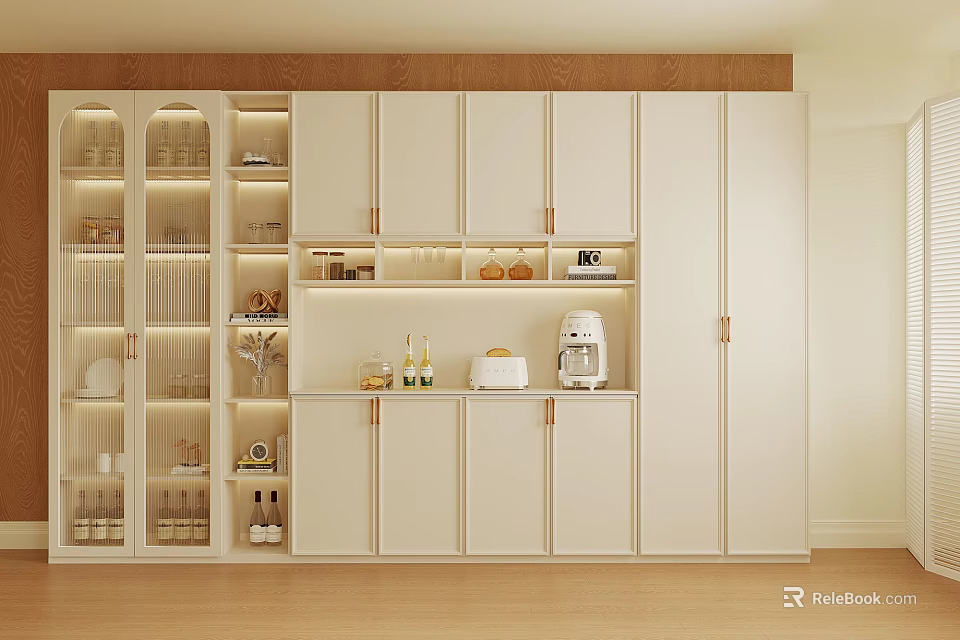 Modern Wine Cabinet Design With Glass Doors Interior Shelves And LED Lighting 3d model 