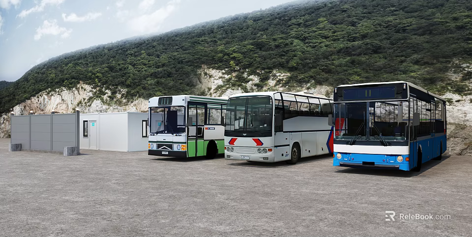 Different Colored Buses Parked Outdoor With Green Hills And White Building 3d model 