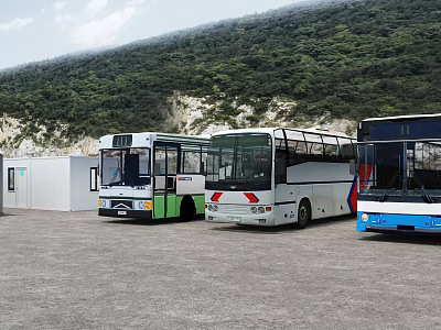 Different Colored Buses Parked Outdoor With Green Hills And White Building 3d model