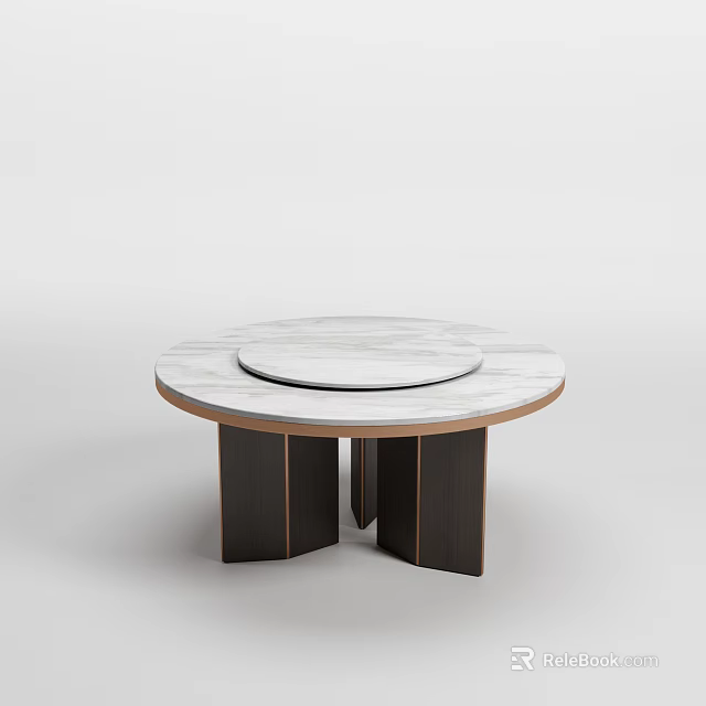 Modern Round Dining Table With Marble Tabletop Lazy Susan And Dark Geometric Legs 3d model
