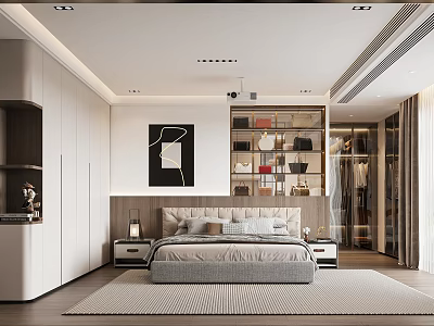 Contemporary Bedroom Featuring Grey Upholstered Bed Nightstands Artwork Built In Wardrobes And Recessed Lighting 3d model