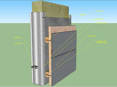 Building Component Sectional View With Metal Panel Wooden Frame And Insulation Layers 3d model