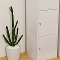 White Entryway Side Cabinet with Storage Baskets Folded Towels and Cactus Plants on Wooden Floor